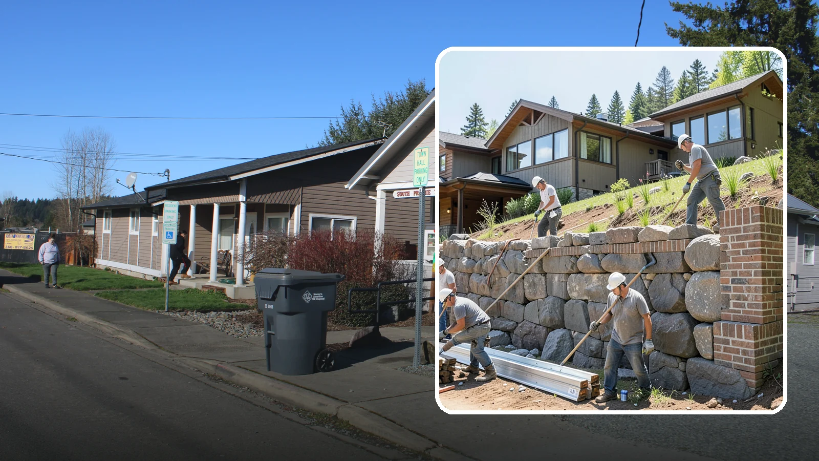 Boulder Retaining Wall in South Prairie, Pierce County, WA - Placing large natural boulders to hold back slope with a rugged, organic look suited to Northwest landscapes.