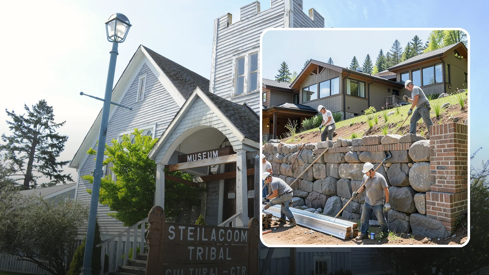 Boulder Retaining Wall in Steilacoom, Pierce County, WA - Placing large natural boulders to hold back slope with a rugged, organic look suited to Northwest landscapes.