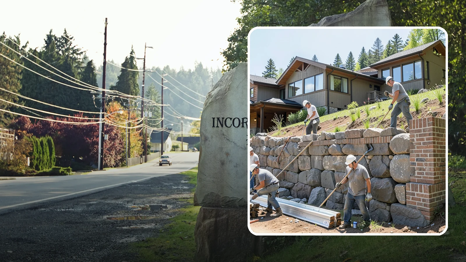 Boulder Retaining Wall in Wilkeson, Pierce County, WA - Placing large natural boulders to hold back slope with a rugged, organic look suited to Northwest landscapes.