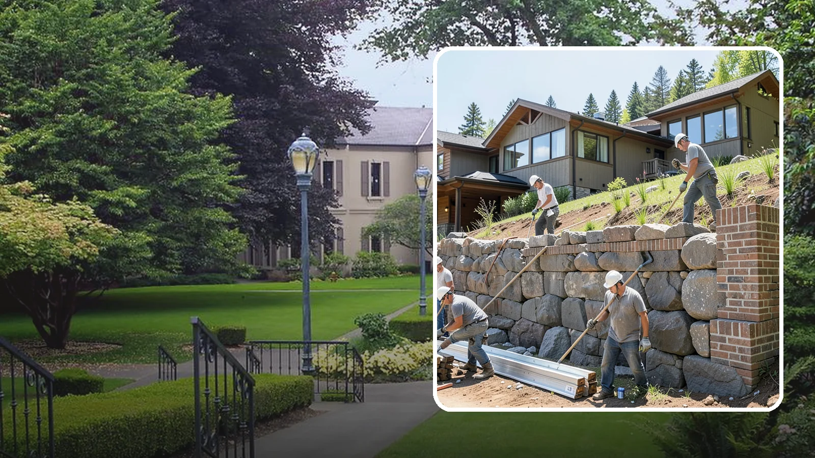 Boulder Retaining Wall in Woodinville, King County, WA - Placing large natural boulders to hold back slope with a rugged, organic look suited to Northwest landscapes.