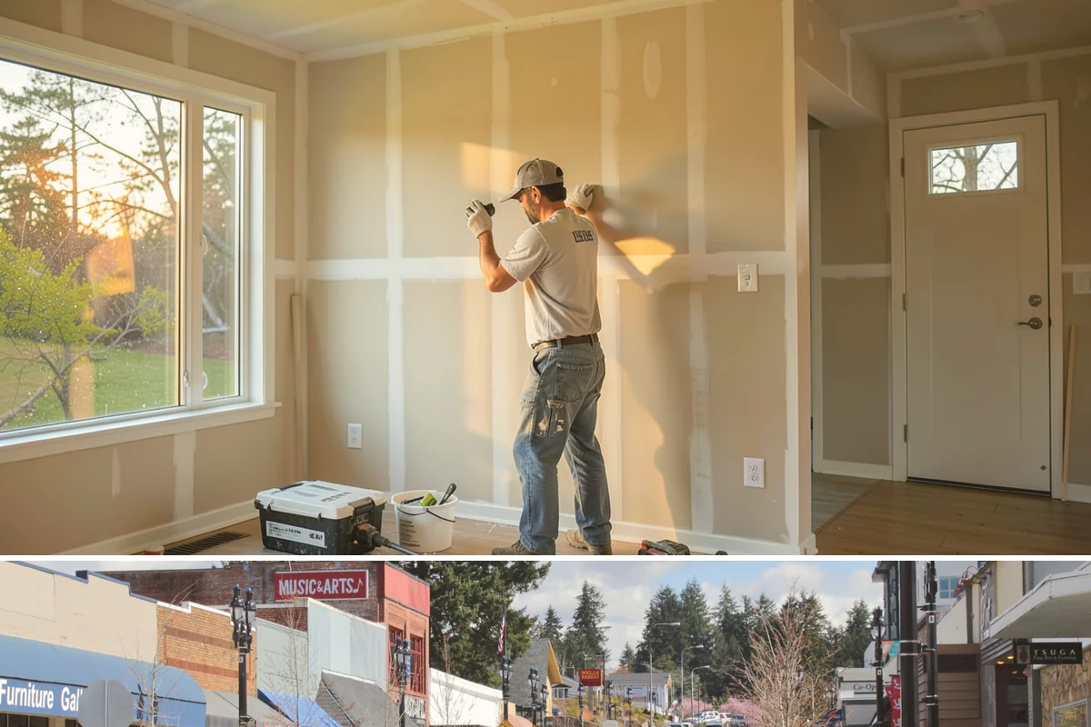 Bow Window Installation in Bothell, King County, WA - We favor drier weather for bow window installs since the wall and new roof are temporarily exposed.