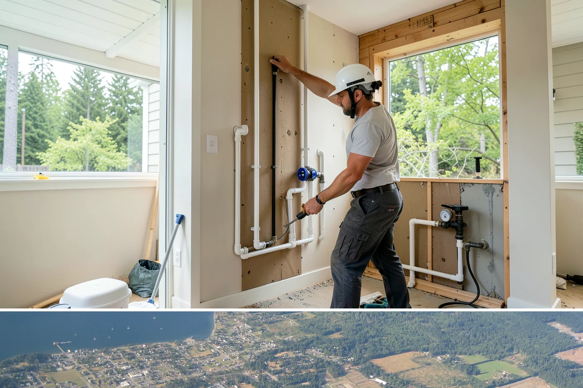 Bow Window Installation in Coupeville, Island County, WA - We favor drier weather for bow window installs since the wall and new roof are temporarily exposed.