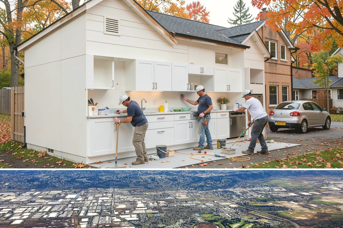 Bow Window Installation in Kent, King County, WA - We favor drier weather for bow window installs since the wall and new roof are temporarily exposed.