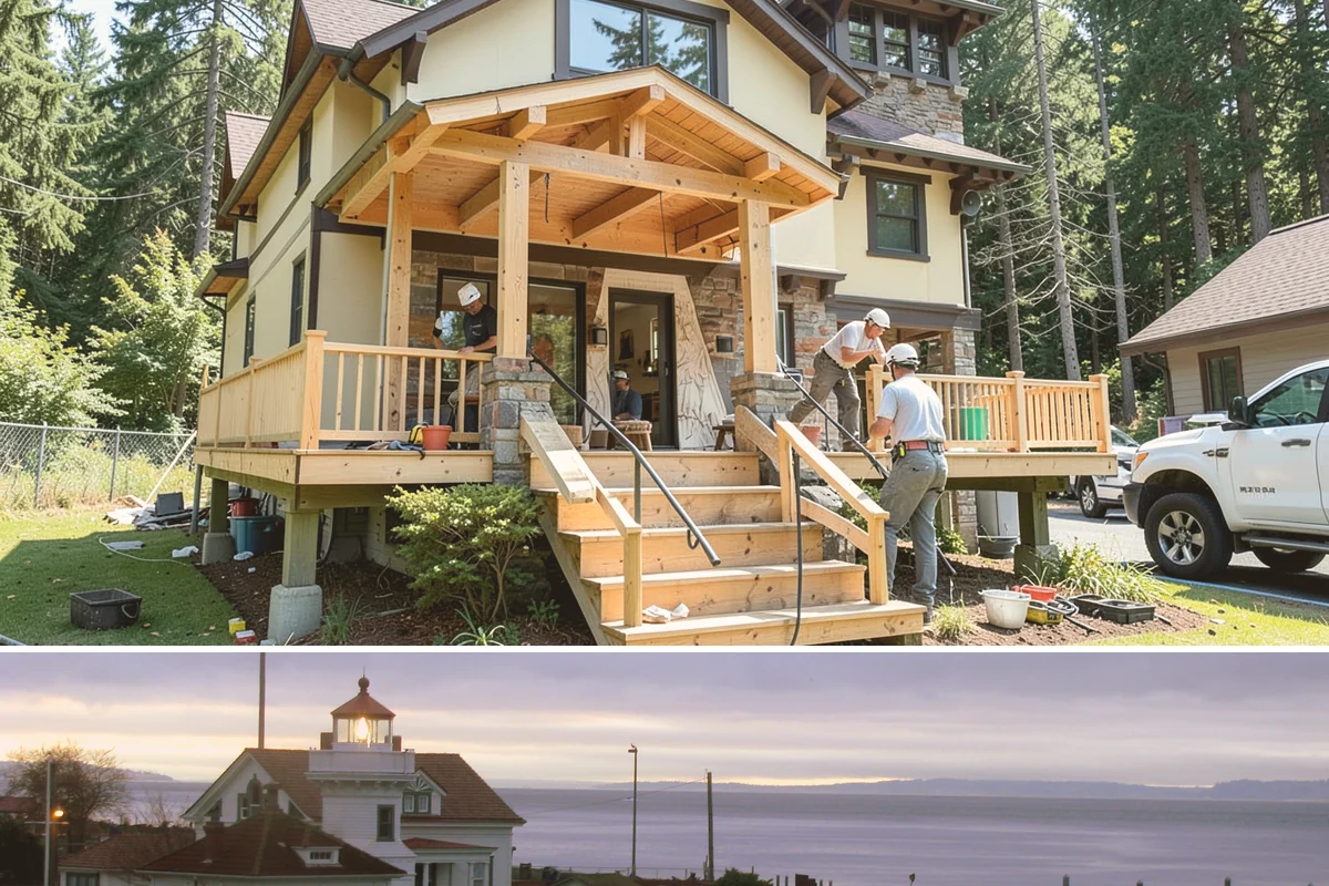 Bow Window Installation in Mukilteo, Snohomish County, WA - We favor drier weather for bow window installs since the wall and new roof are temporarily exposed.