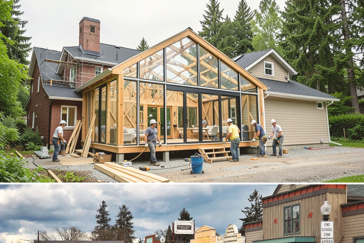Bow Window Installation in Roy, Pierce County, WA - We favor drier weather for bow window installs since the wall and new roof are temporarily exposed.