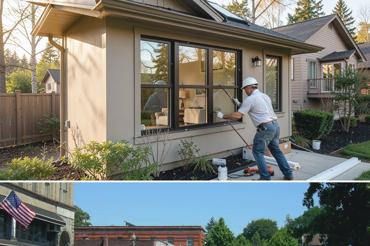 Bow Window Installation in Snohomish, Snohomish County, WA - We favor drier weather for bow window installs since the wall and new roof are temporarily exposed.