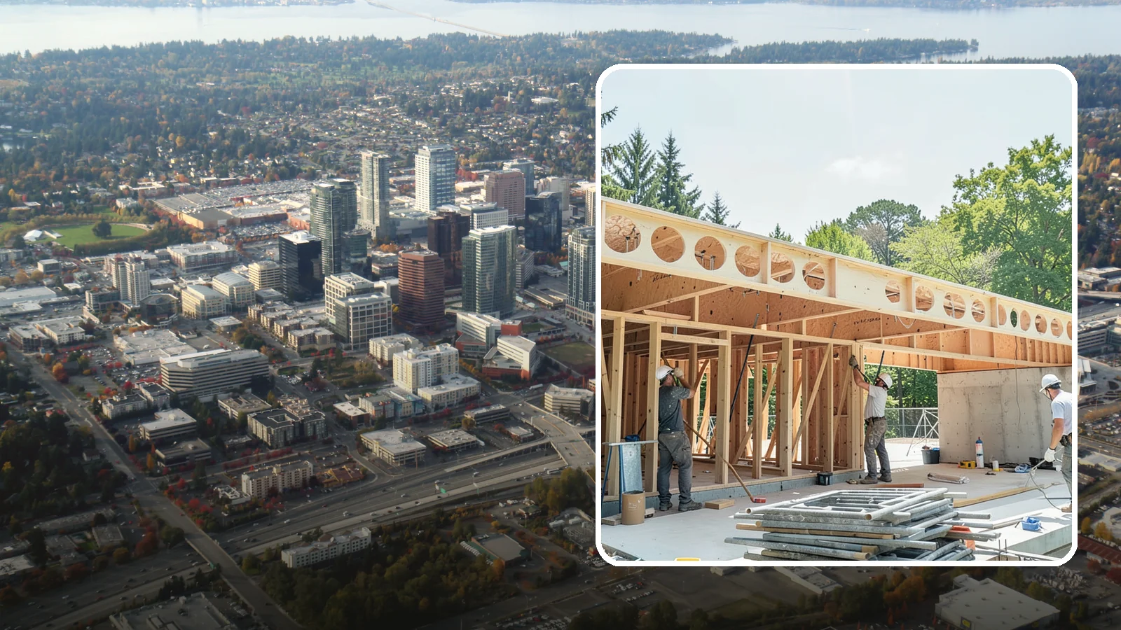 Box Beam Installation in Bellevue, King County, WA - Custom box beam installation that adds the look of structural timber ceilings without heavy solid-wood weight.