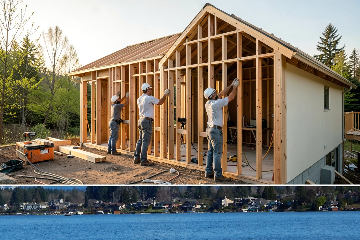 Breezeway Construction in Lake Stevens, Snohomish County, WA - We build and roof the breezeway in summer so it is watertight before the wet season sets in.