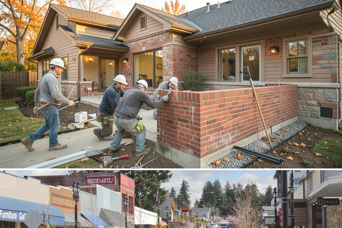 Brick Steps Construction in Bothell, King County, WA - Brick and mortar work is best done in dry weather so the mortar cures properly, favoring the summer months.