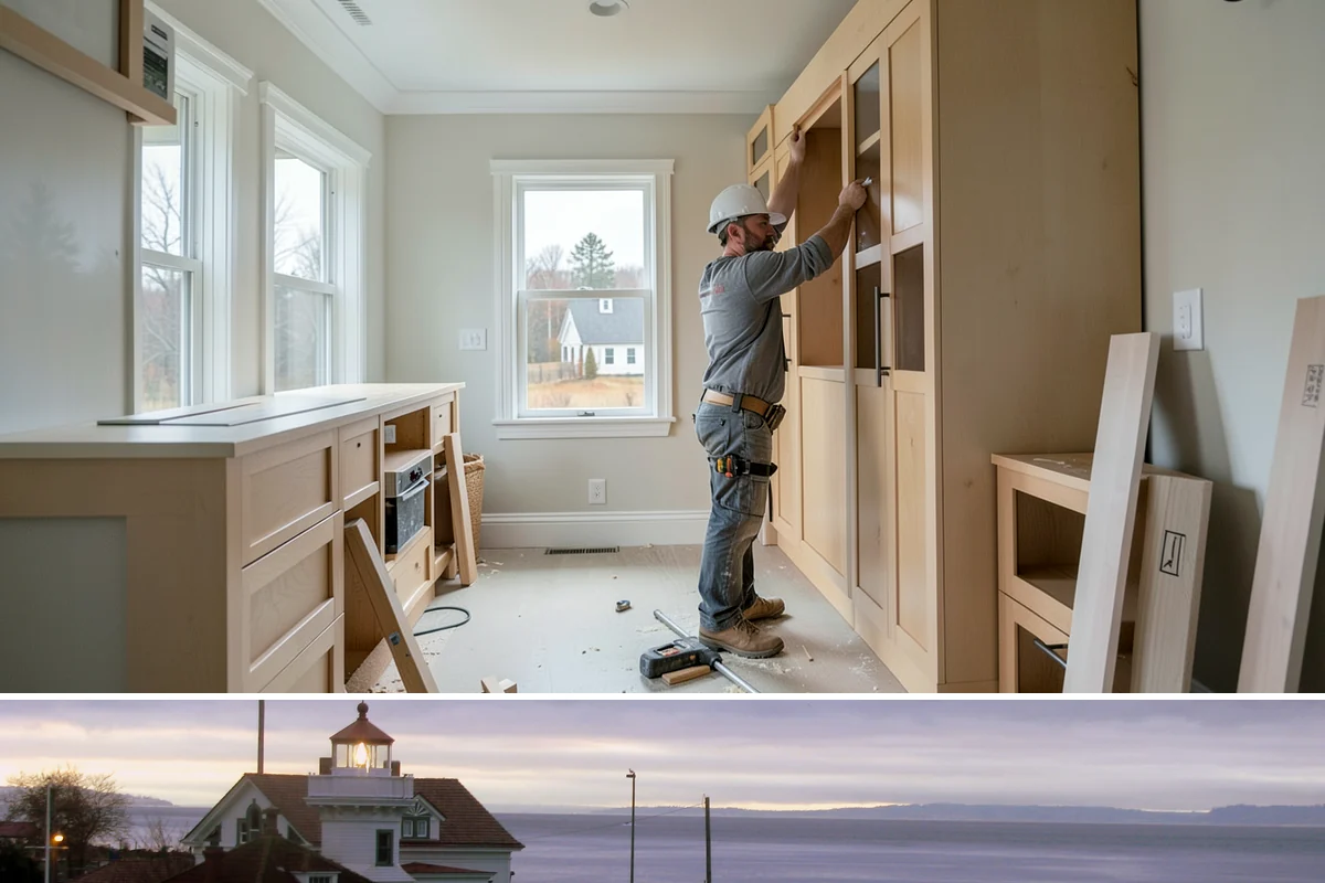 Cabinet Installation in Mukilteo, Snohomish County, WA - Any dry season works well for installation since cabinets go in after the messy rough-in phases are complete.