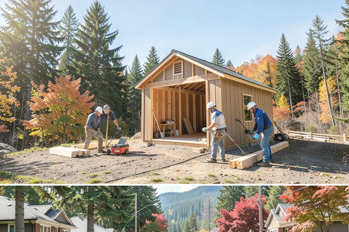 Carriage House Construction in Hunts Point, King County, WA - Given the substantial exterior construction, the carriage house shell is best built during the drier late-spring-to-early-fall...