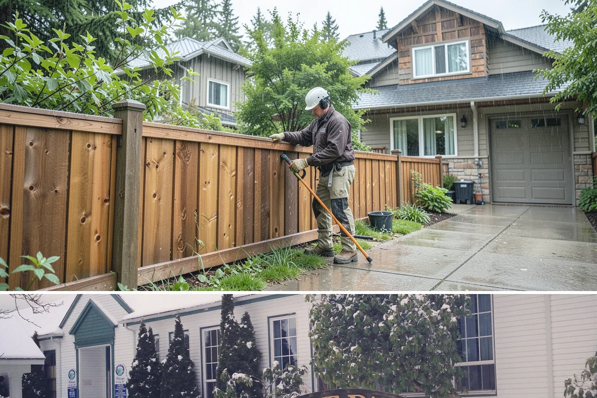 Cedar Fence Installation in Pacific, King County, WA - Build in summer so footings set and any sealant cures before the rains begin.
