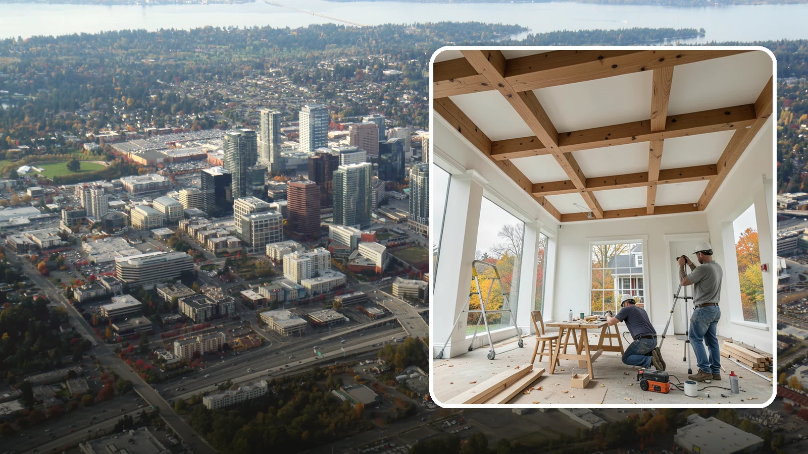 Coffered Ceiling Construction in Bellevue, King County, WA - An elegant coffered ceiling that adds depth, architecture, and richness overhead.