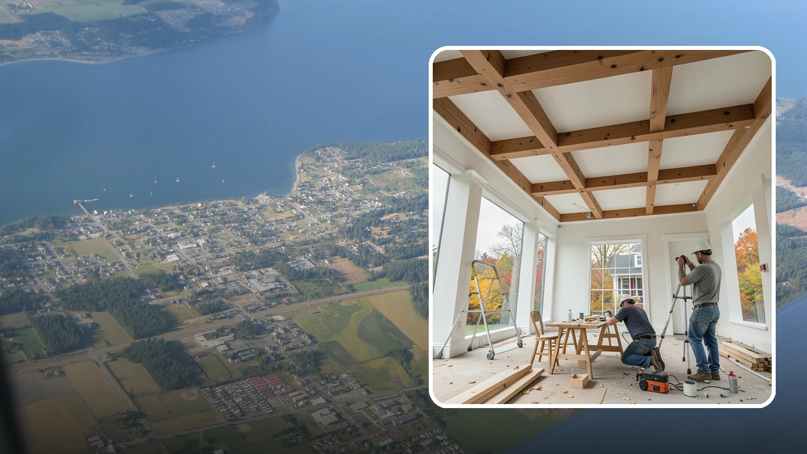 Coffered Ceiling Construction in Coupeville, Island County, WA - An elegant coffered ceiling that adds depth, architecture, and richness overhead.