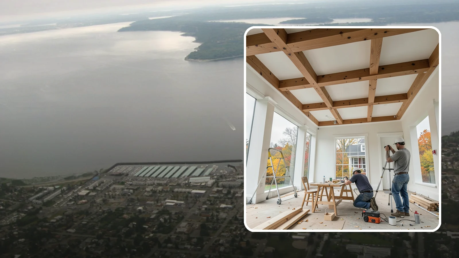Coffered Ceiling Construction in Des Moines, King County, WA - An elegant coffered ceiling that adds depth, architecture, and richness overhead.