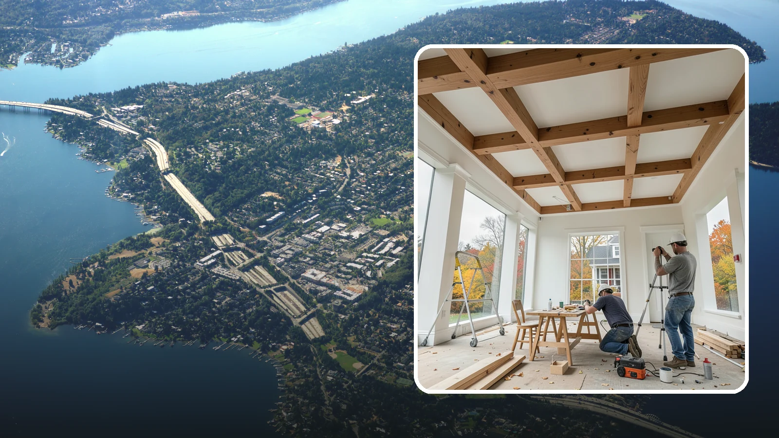 Coffered Ceiling Construction in Mercer Island, King County, WA - An elegant coffered ceiling that adds depth, architecture, and richness overhead.