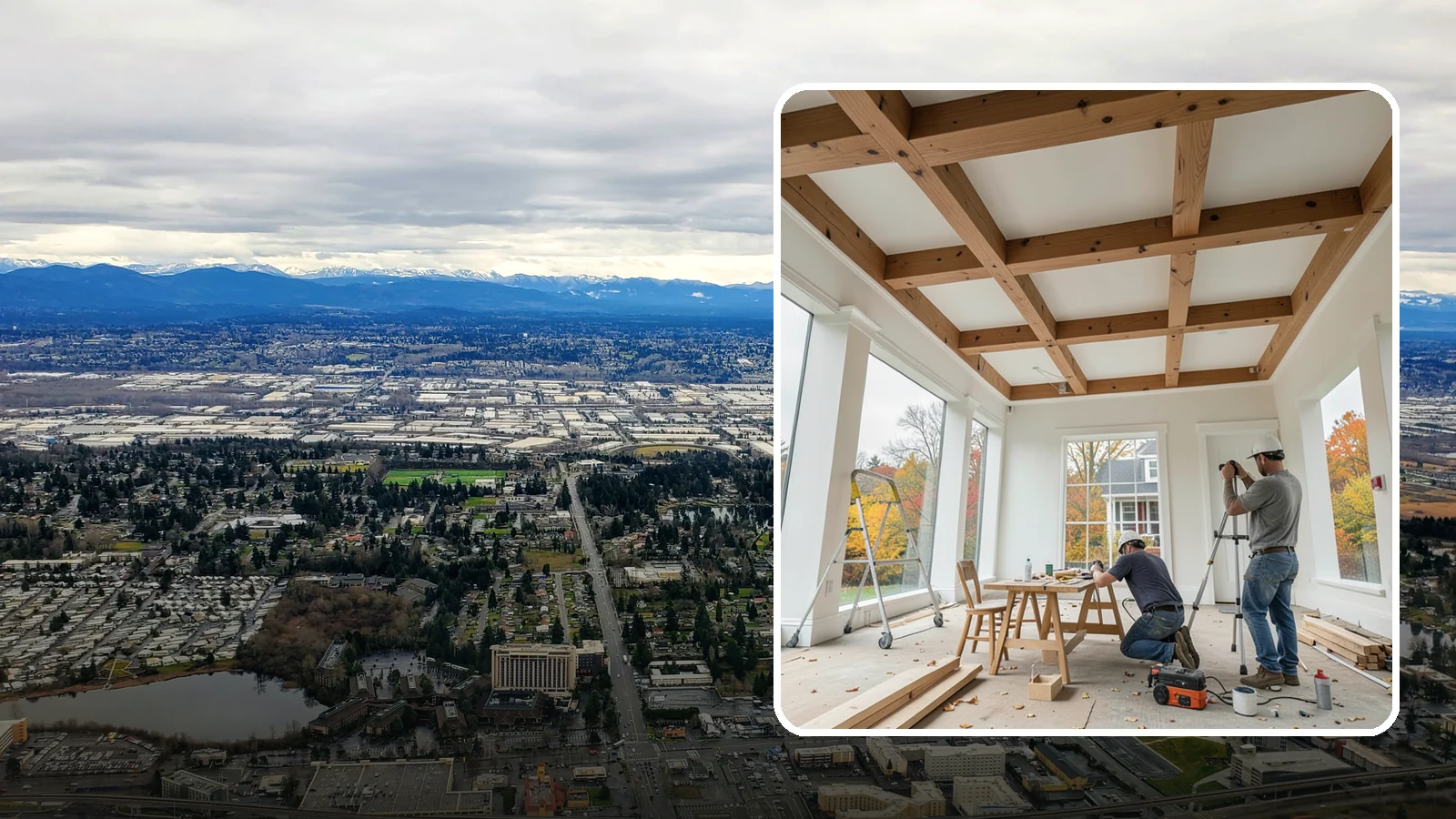 Coffered Ceiling Construction in SeaTac, King County, WA - An elegant coffered ceiling that adds depth, architecture, and richness overhead.