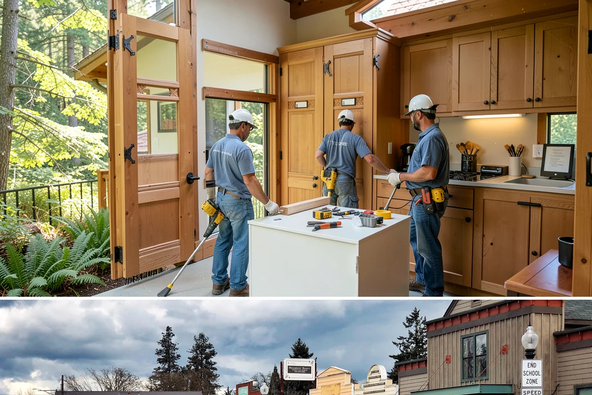 Column Wrap Installation in Roy, Pierce County, WA - Dry weather allows clean fitting and sealing of the wraps.