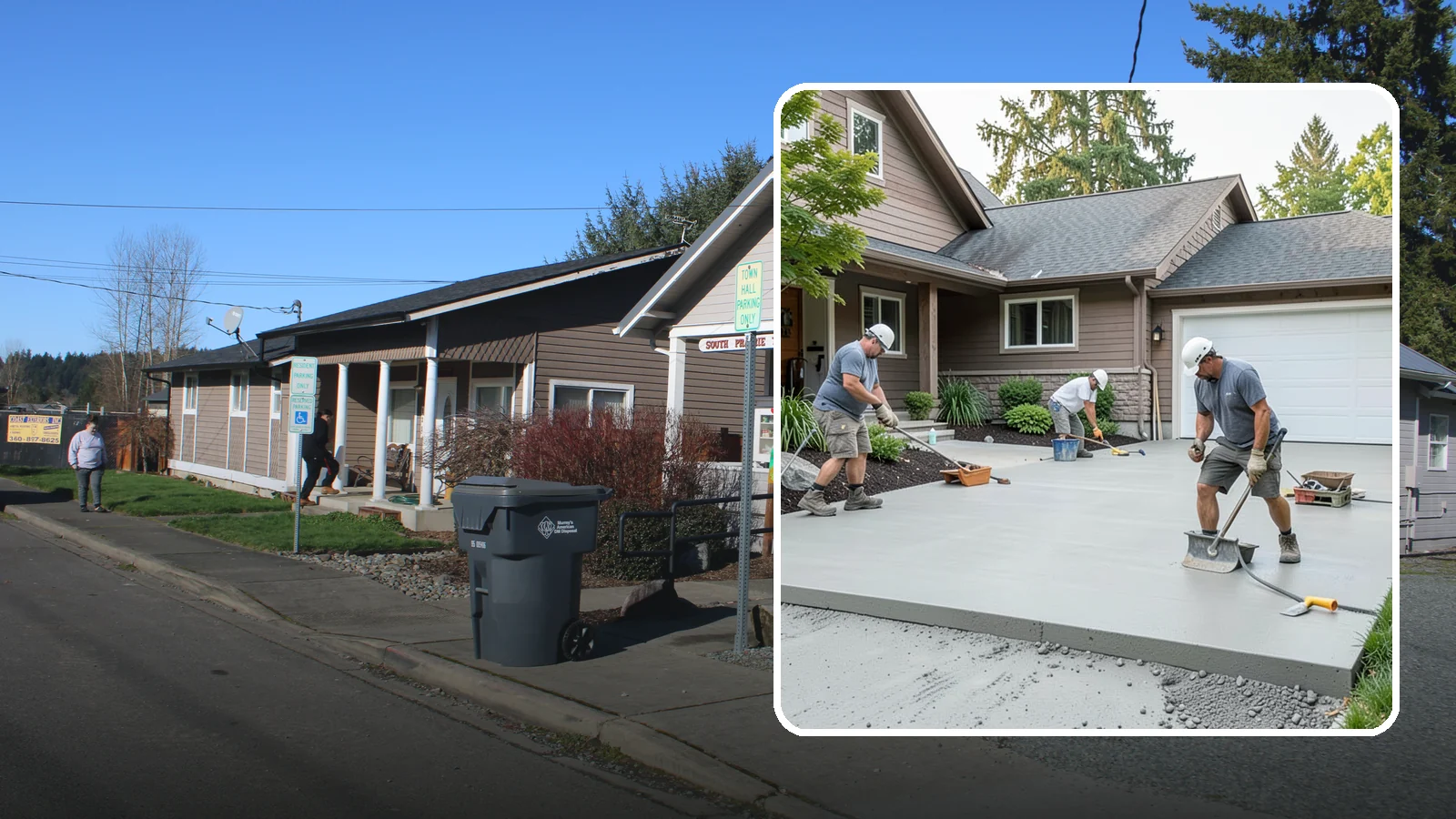 Concrete Apron Installation in South Prairie, Pierce County, WA - Reinforced concrete aprons that create a smooth, durable transition between driveway and garage or street.