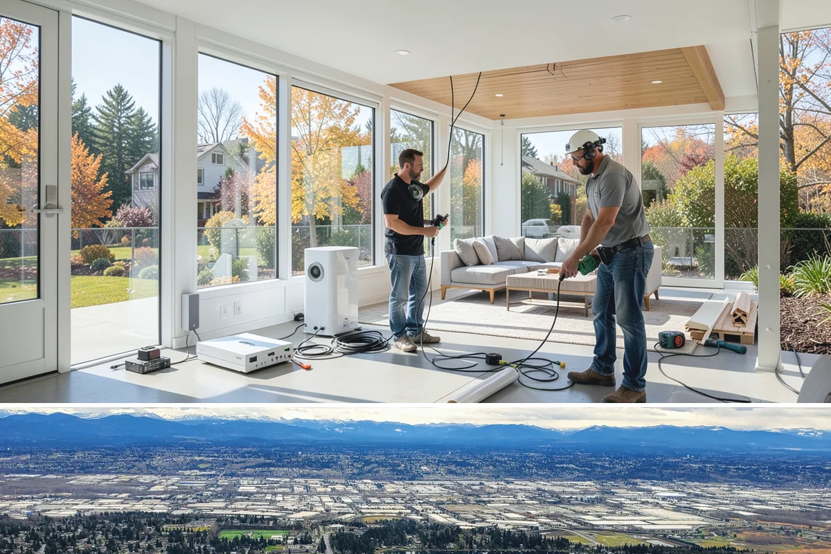Conservatory Construction in SeaTac, King County, WA - The glass roof and walls are installed during dry weather to ensure fully weather-tight seals.