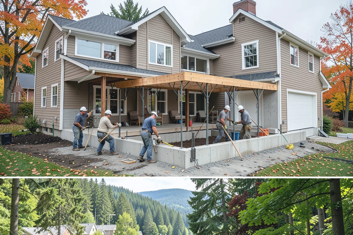 Covered Deck Construction in Lake Forest Park, King County, WA - Summer's dry weather is ideal for opening up the roofline and tying into your home without water exposure.