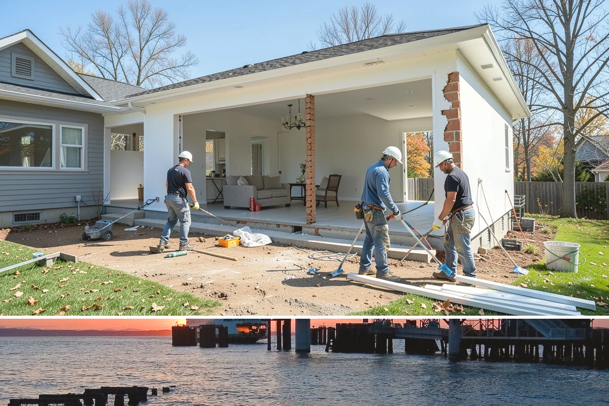 Covered Porch Construction in Edmonds, Snohomish County, WA - Roof tie-ins are safest during the dry summer window when your home's wall stays protected during construction.