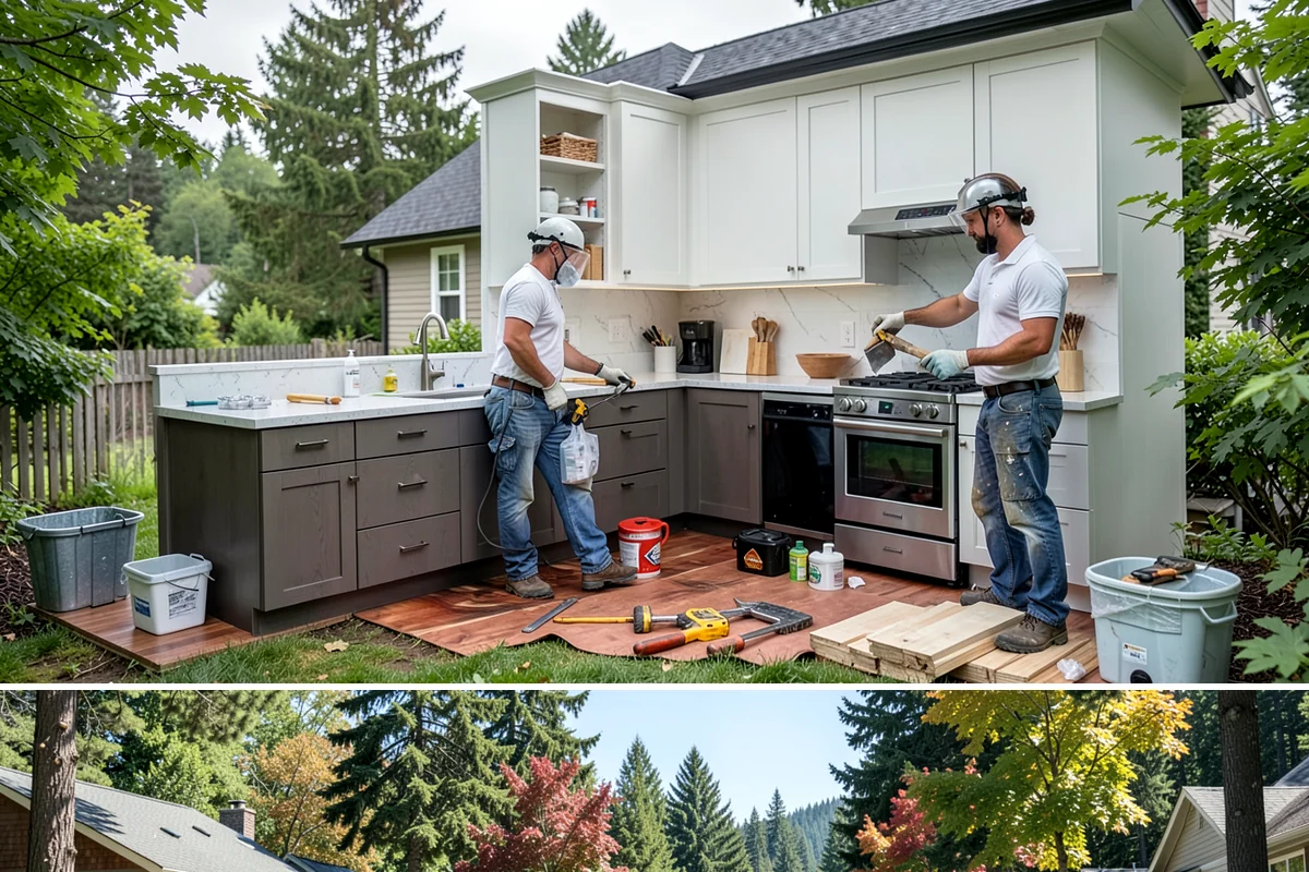 Covered Porch Construction in Orting, Pierce County, WA - Roof tie-ins are safest during the dry summer window when your home's wall stays protected during construction.