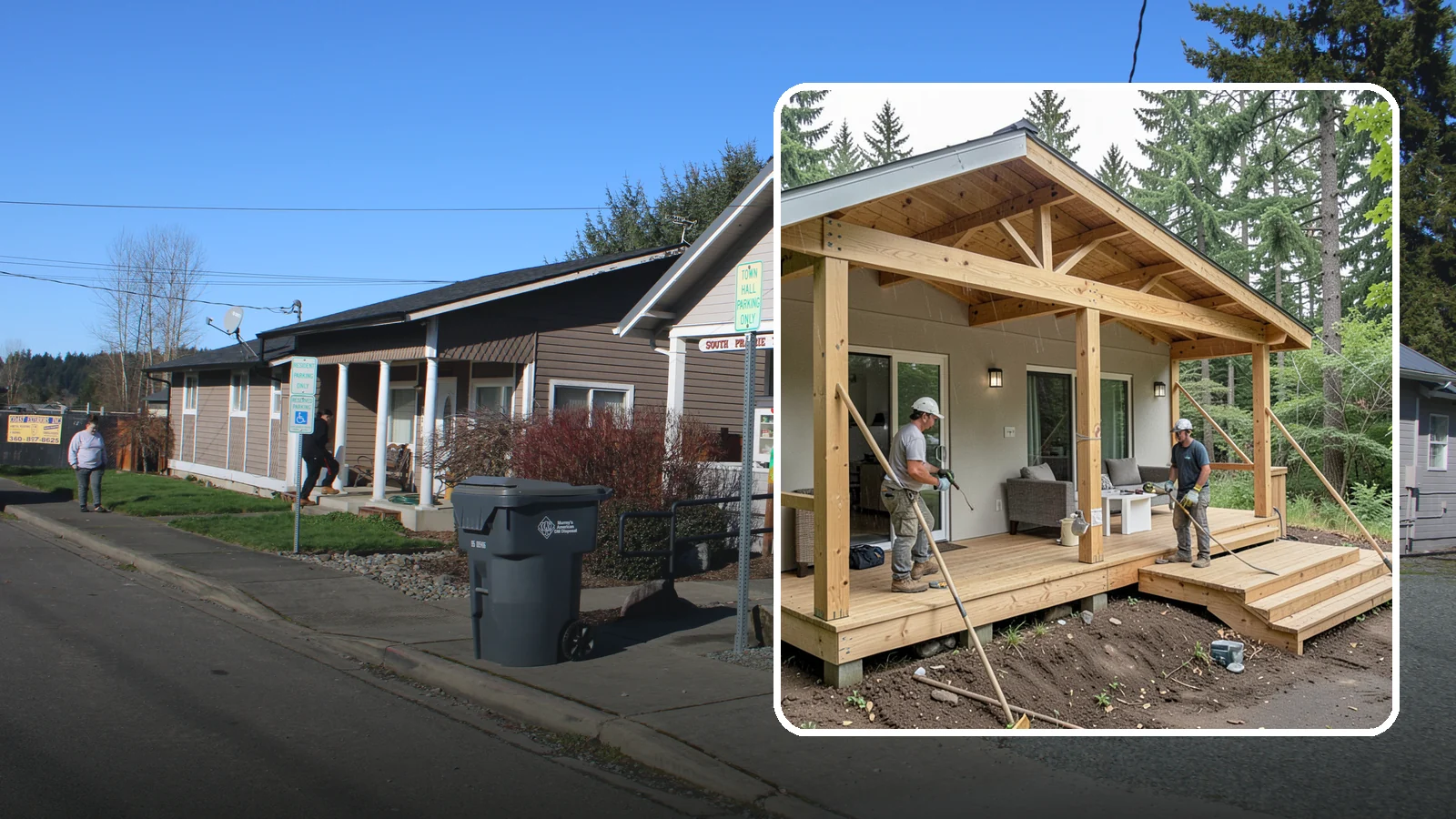 Covered Porch Construction in South Prairie, Pierce County, WA - Covered porch construction that adds a roofed, rain-protected space to your home's exterior.