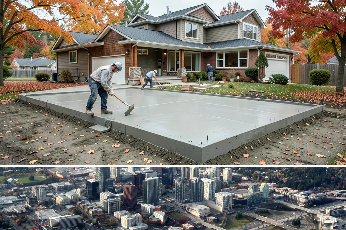 Crawlspace Foundation in Bellevue, King County, WA - Crawlspace footing and wall work proceeds in most weather, with pours scheduled around dry windows to protect fresh concrete.