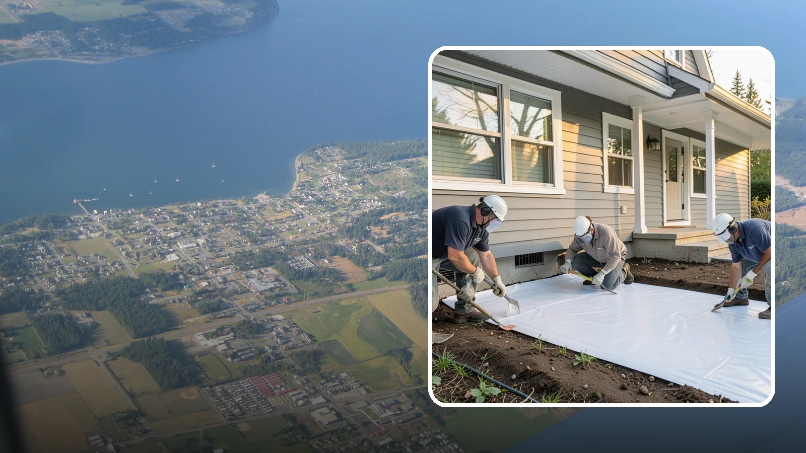 Crawlspace Vapor Barrier in Coupeville, Island County, WA - Laying a sealed ground sheet across the crawlspace floor to block soil moisture from evaporating into the structure.