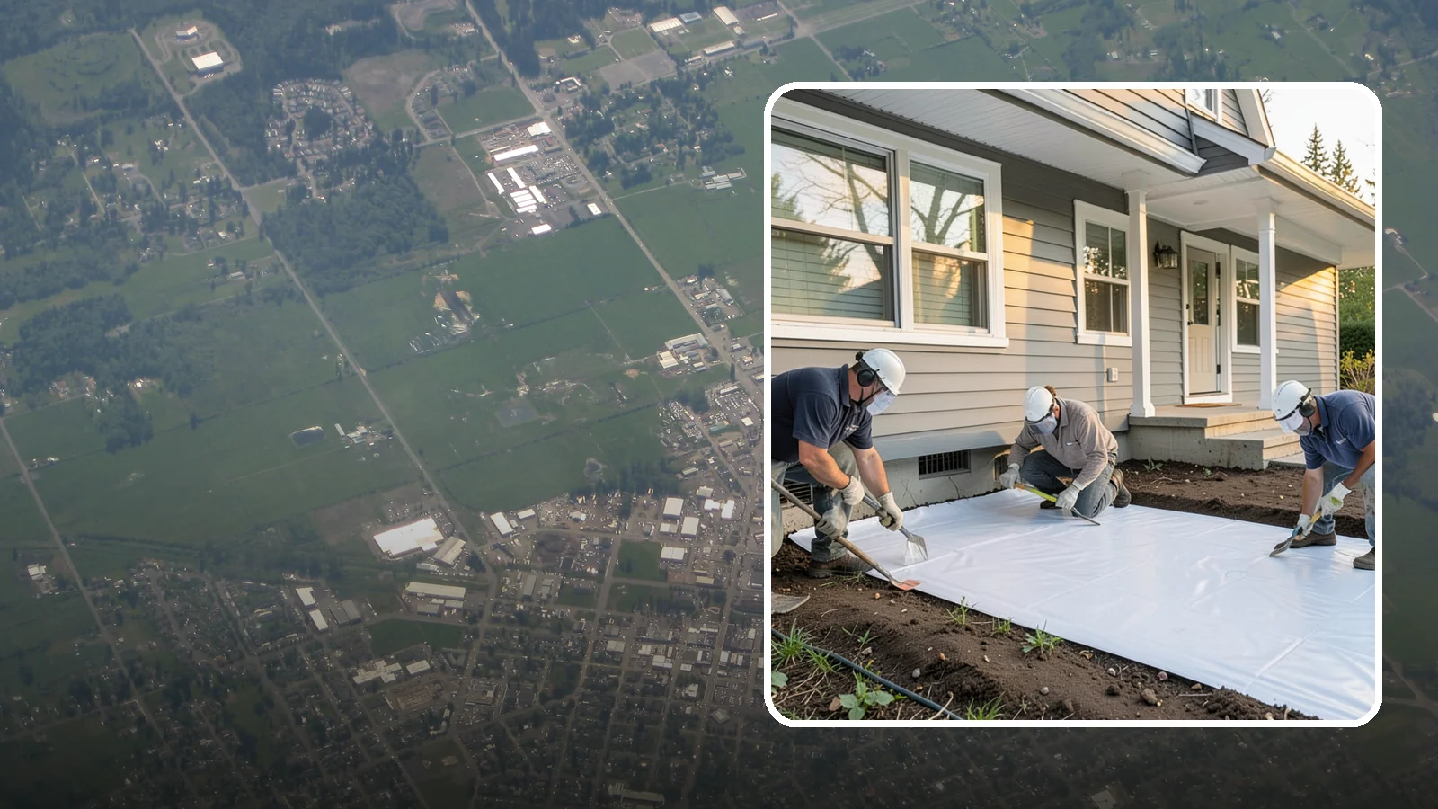 Crawlspace Vapor Barrier in Enumclaw, King County, WA - Laying a sealed ground sheet across the crawlspace floor to block soil moisture from evaporating into the structure.