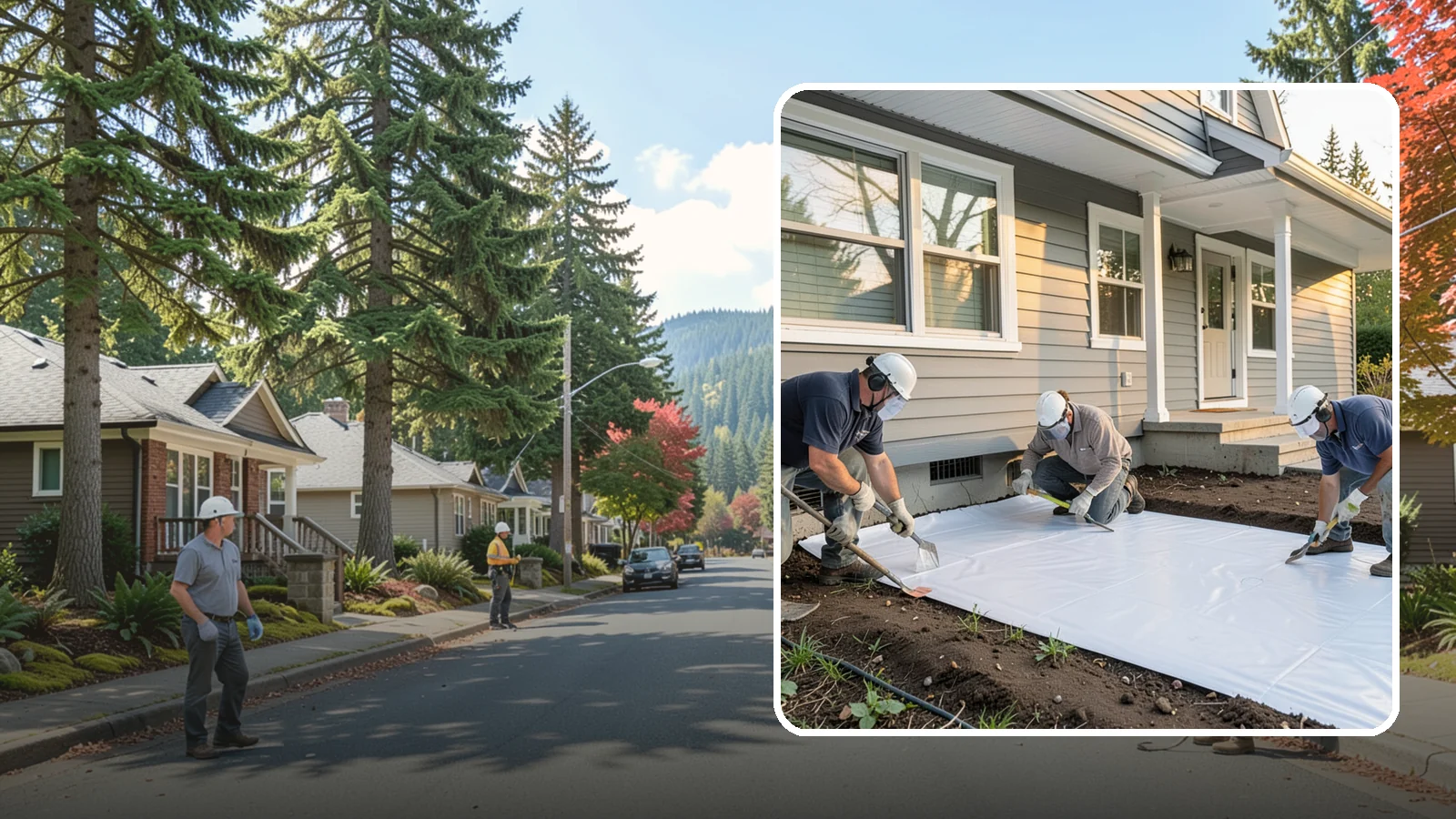 Crawlspace Vapor Barrier in Hunts Point, King County, WA - Laying a sealed ground sheet across the crawlspace floor to block soil moisture from evaporating into the structure.