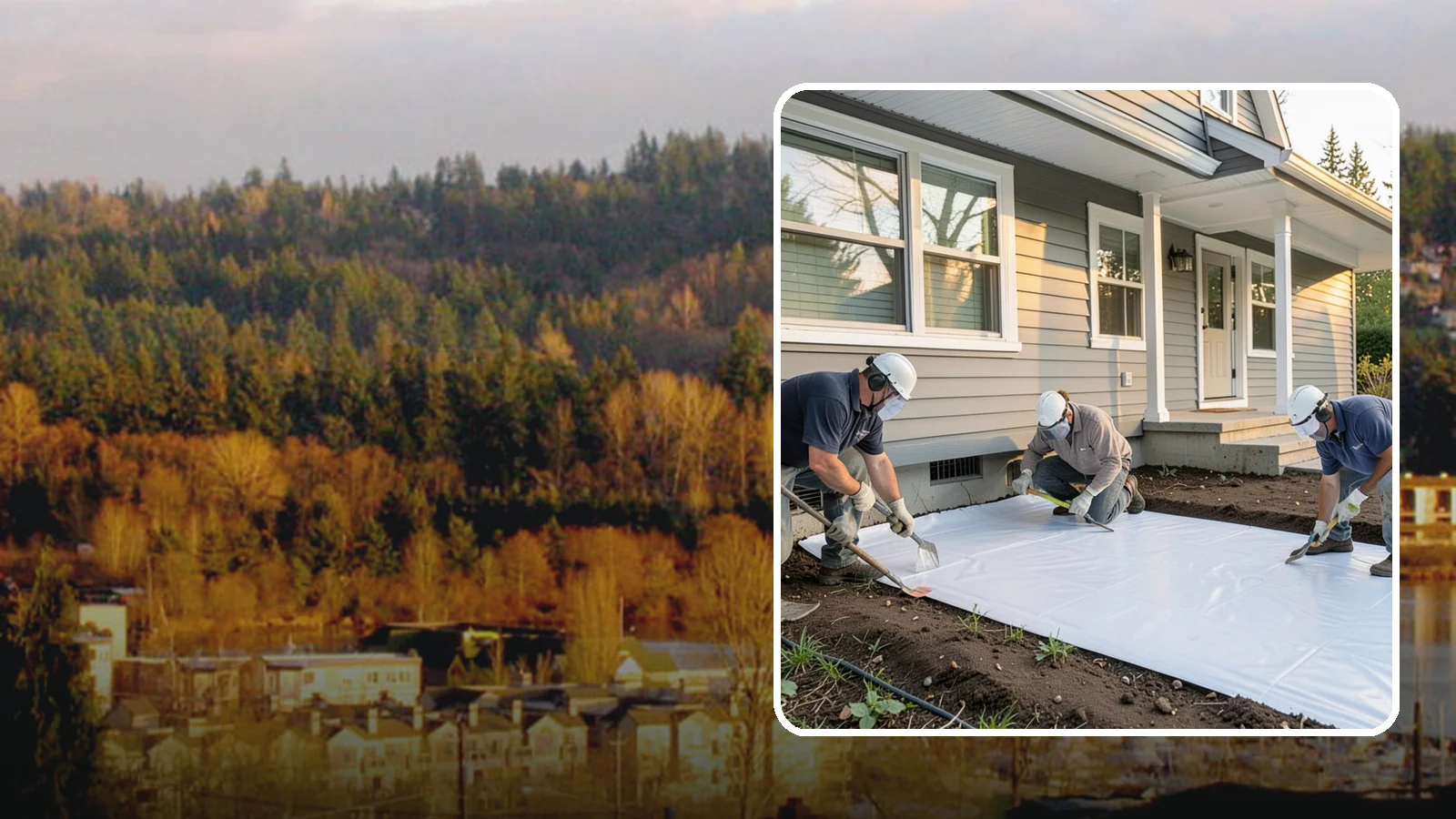 Crawlspace Vapor Barrier in Kenmore, King County, WA - Laying a sealed ground sheet across the crawlspace floor to block soil moisture from evaporating into the structure.