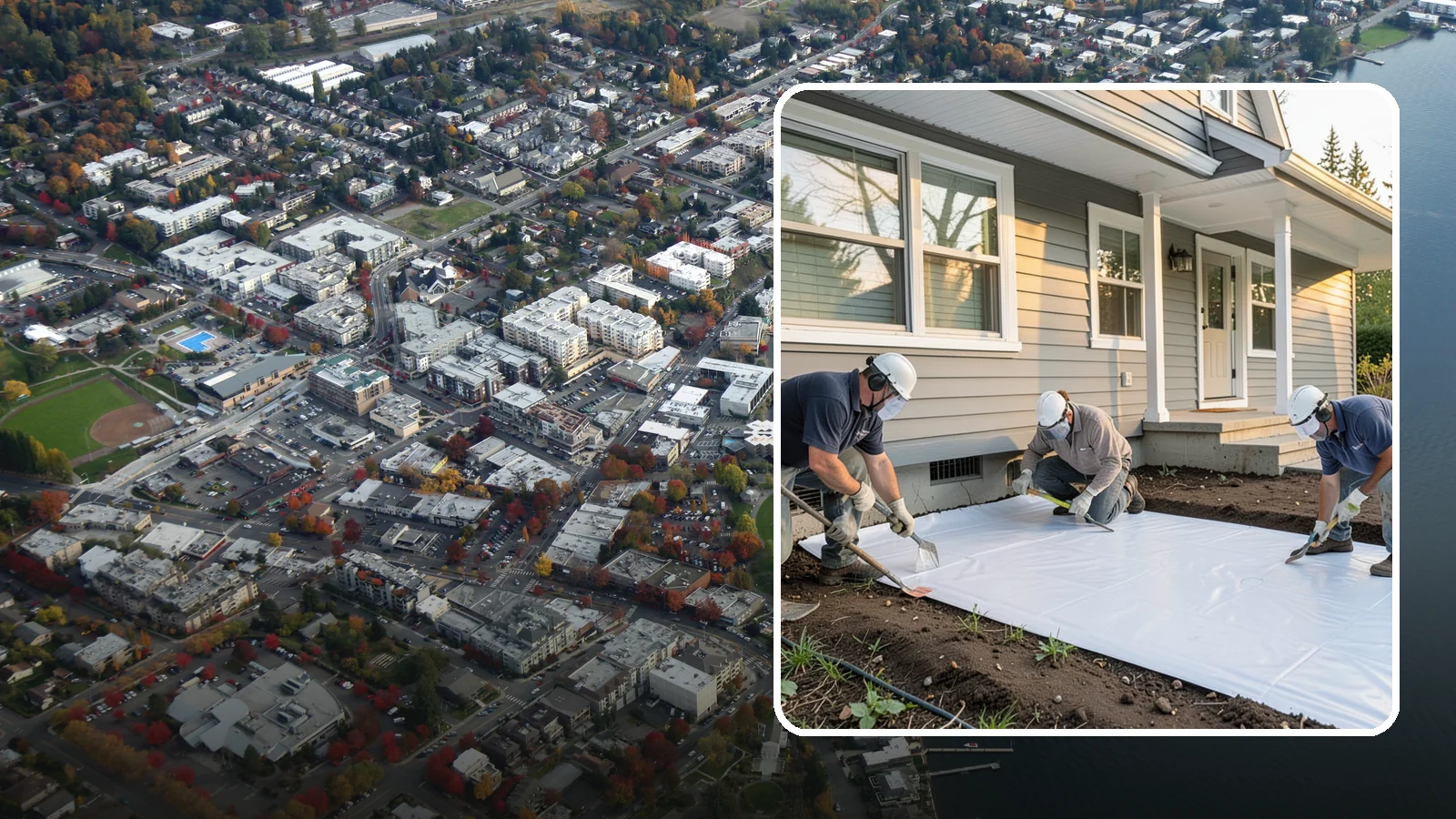 Crawlspace Vapor Barrier in Kirkland, King County, WA - Laying a sealed ground sheet across the crawlspace floor to block soil moisture from evaporating into the structure.