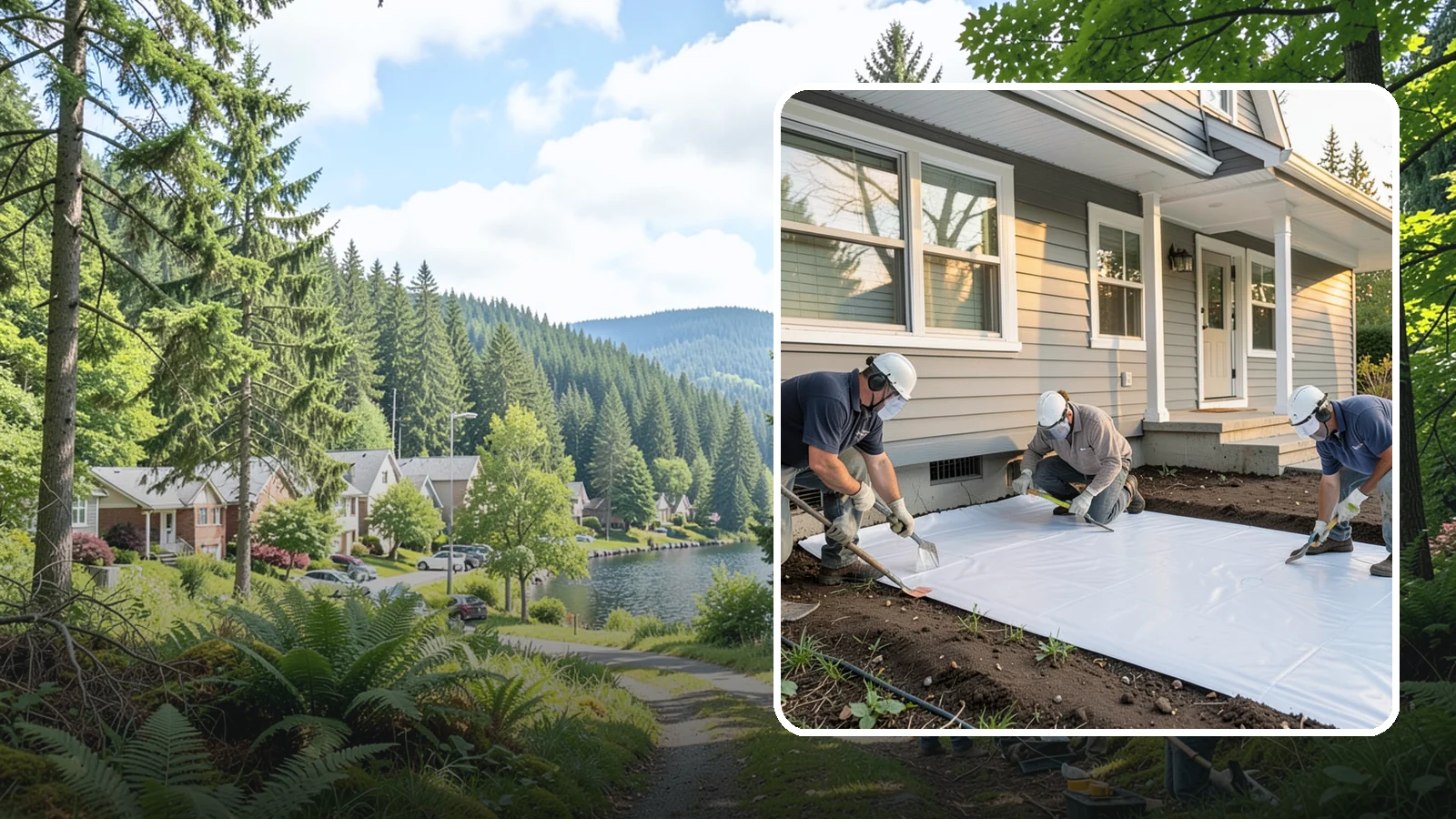 Crawlspace Vapor Barrier in Lake Forest Park, King County, WA - Laying a sealed ground sheet across the crawlspace floor to block soil moisture from evaporating into the structure.