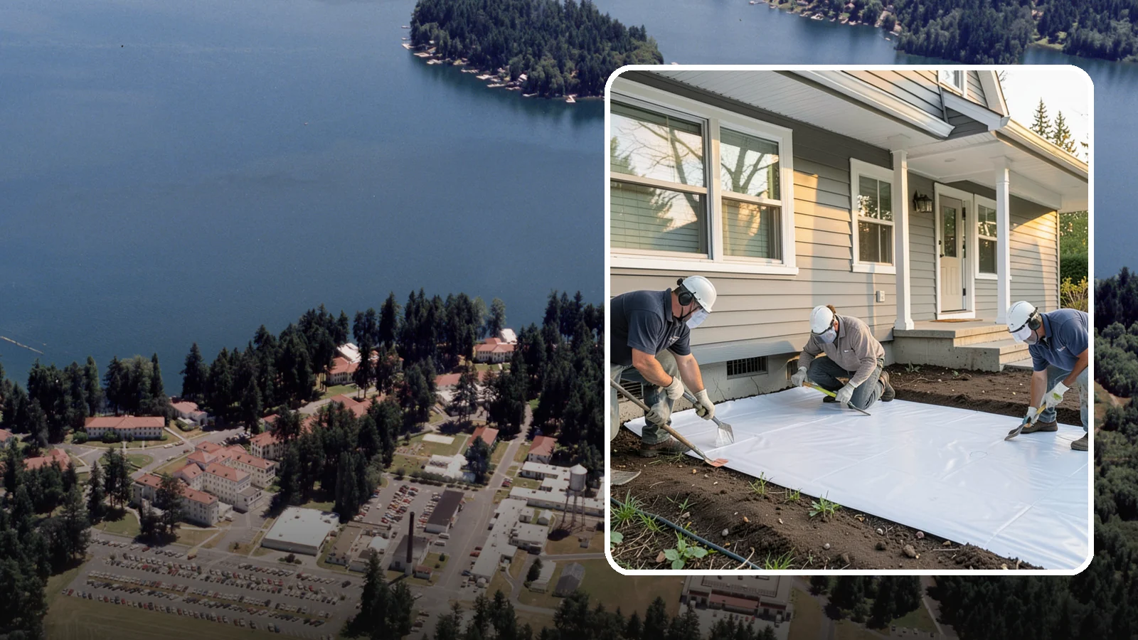 Crawlspace Vapor Barrier in Lakewood, Pierce County, WA - Laying a sealed ground sheet across the crawlspace floor to block soil moisture from evaporating into the structure.
