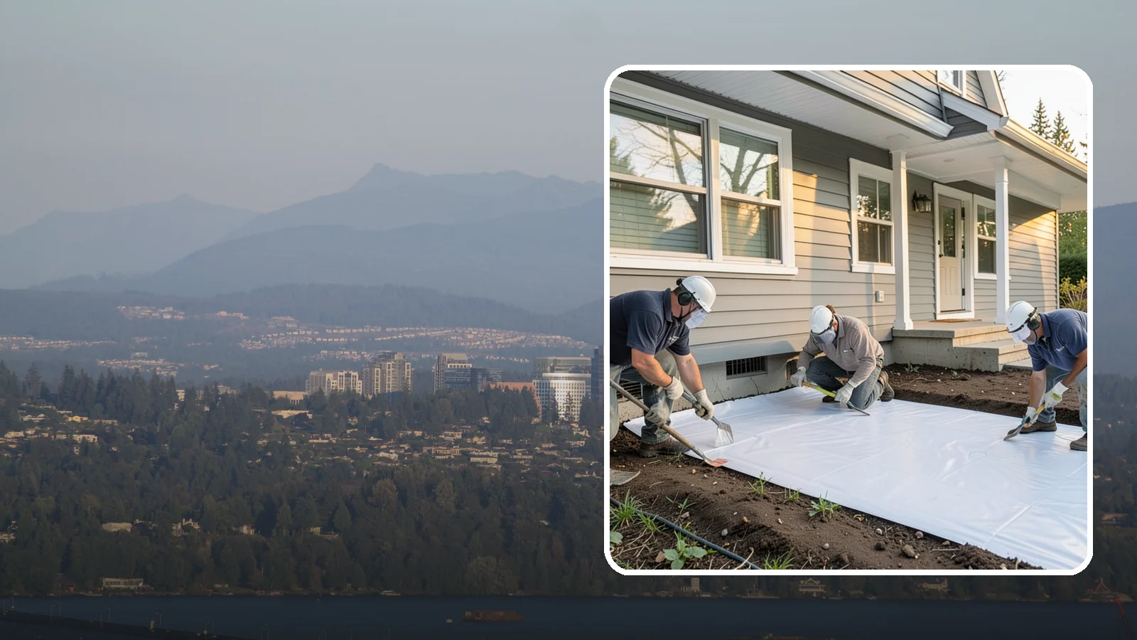 Crawlspace Vapor Barrier in Medina, King County, WA - Laying a sealed ground sheet across the crawlspace floor to block soil moisture from evaporating into the structure.