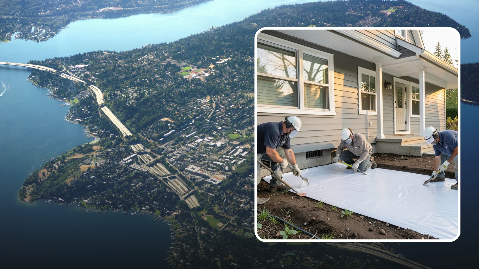 Crawlspace Vapor Barrier in Mercer Island, King County, WA - Laying a sealed ground sheet across the crawlspace floor to block soil moisture from evaporating into the structure.