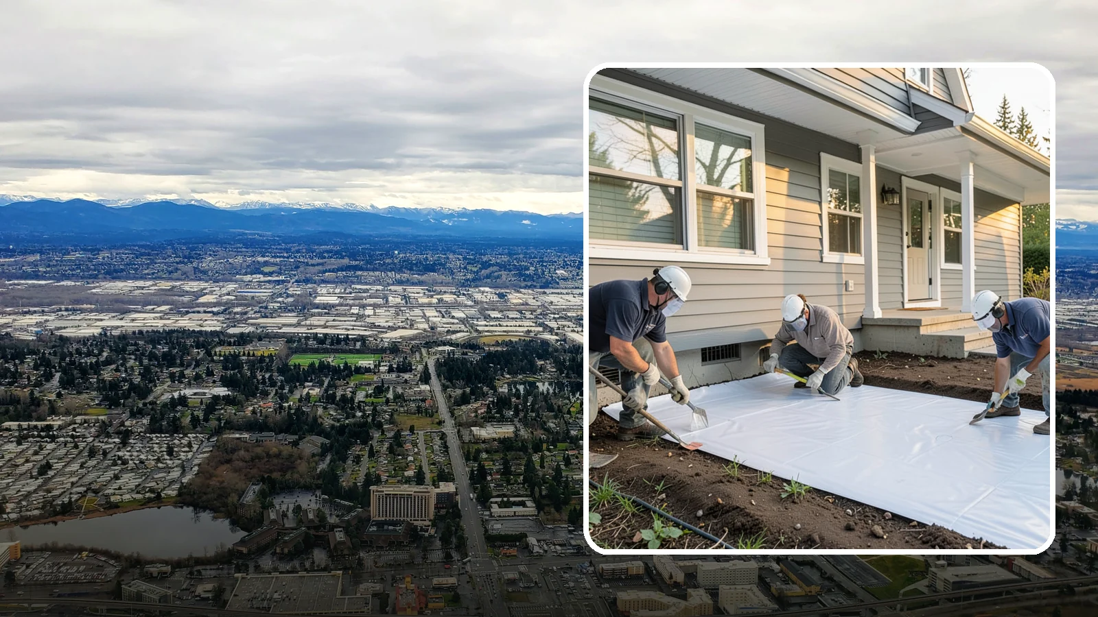 Crawlspace Vapor Barrier in SeaTac, King County, WA - Laying a sealed ground sheet across the crawlspace floor to block soil moisture from evaporating into the structure.