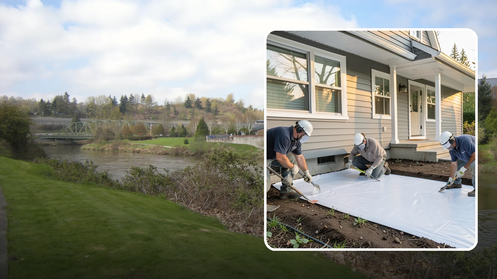 Crawlspace Vapor Barrier in Tukwila, King County, WA - Laying a sealed ground sheet across the crawlspace floor to block soil moisture from evaporating into the structure.