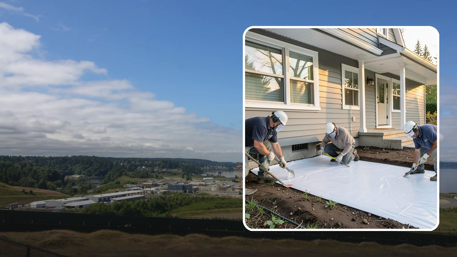 Crawlspace Vapor Barrier in University Place, Pierce County, WA - Laying a sealed ground sheet across the crawlspace floor to block soil moisture from evaporating into the structure.