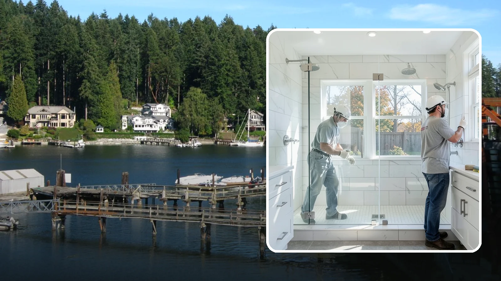Double Shower Installation in Gig Harbor, Pierce County, WA - A double shower installation builds a larger enclosure with two showerheads for shared use.