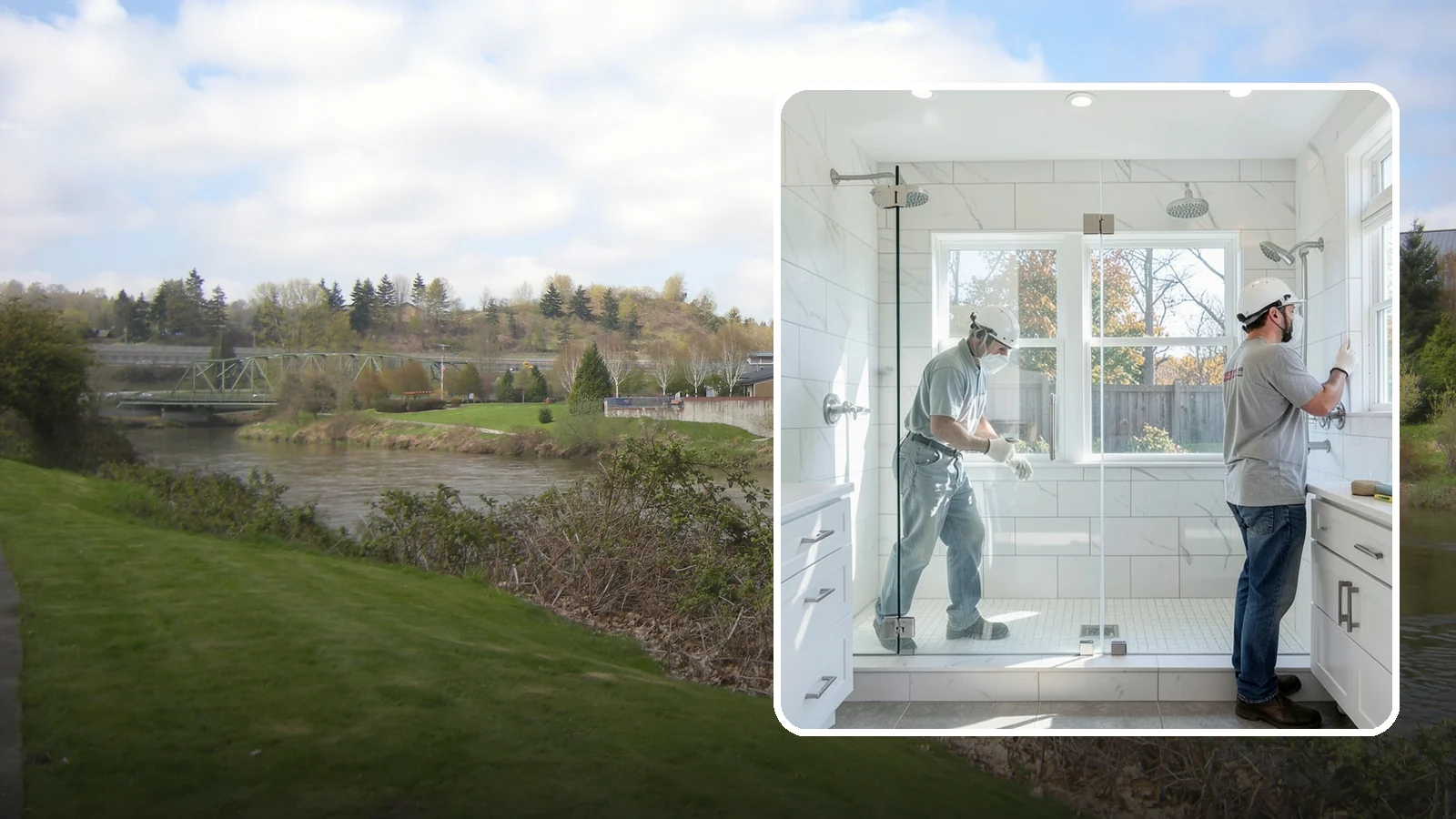 Double Shower Installation in Tukwila, King County, WA - A double shower installation builds a larger enclosure with two showerheads for shared use.