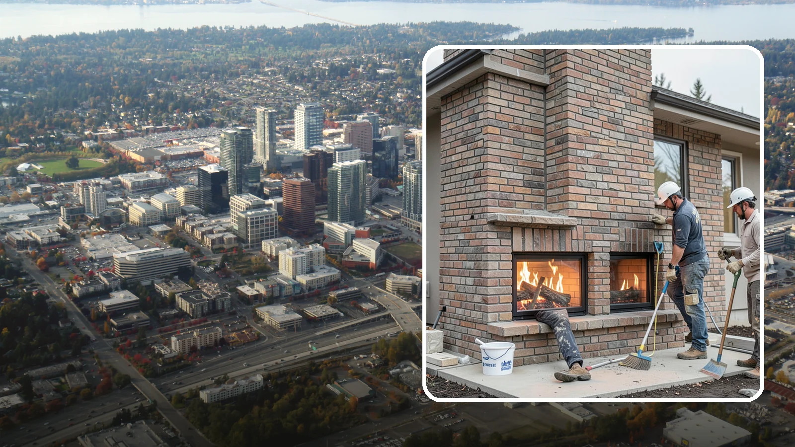 Double-Sided Fireplace Installation in Bellevue, King County, WA - See-through fireplaces that share warmth and a glowing flame between two rooms.
