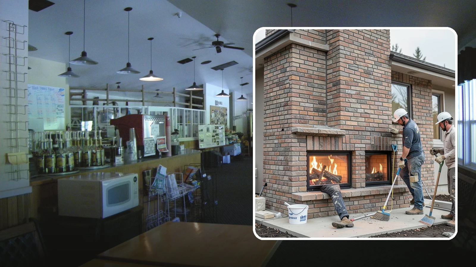 Double-Sided Fireplace Installation in Black Diamond, King County, WA - See-through fireplaces that share warmth and a glowing flame between two rooms.
