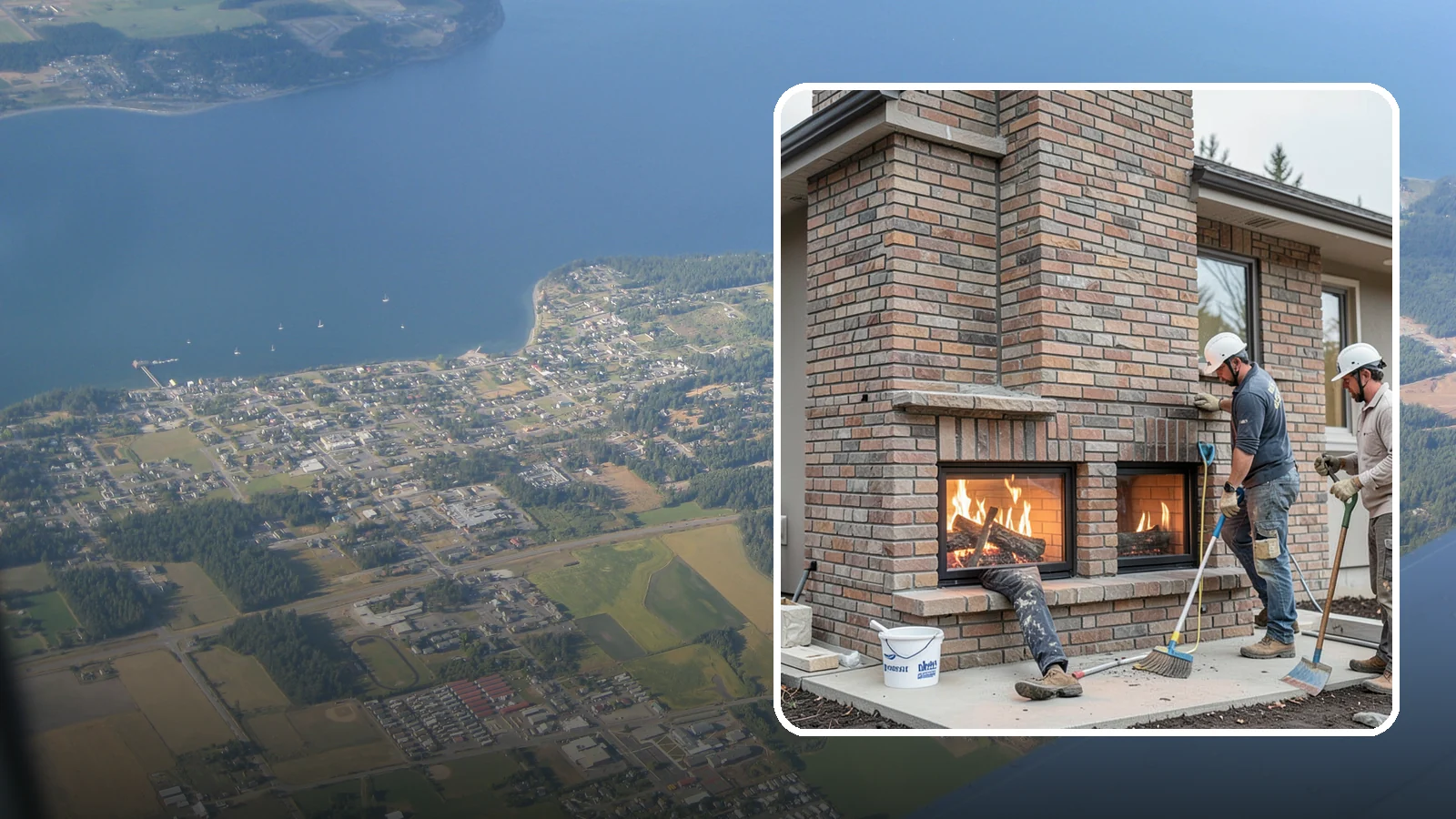 Double-Sided Fireplace Installation in Coupeville, Island County, WA - See-through fireplaces that share warmth and a glowing flame between two rooms.