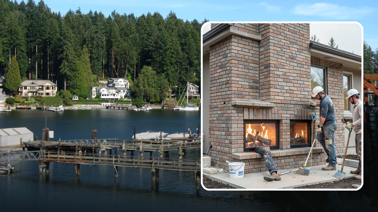 Double-Sided Fireplace Installation in Gig Harbor, Pierce County, WA - See-through fireplaces that share warmth and a glowing flame between two rooms.