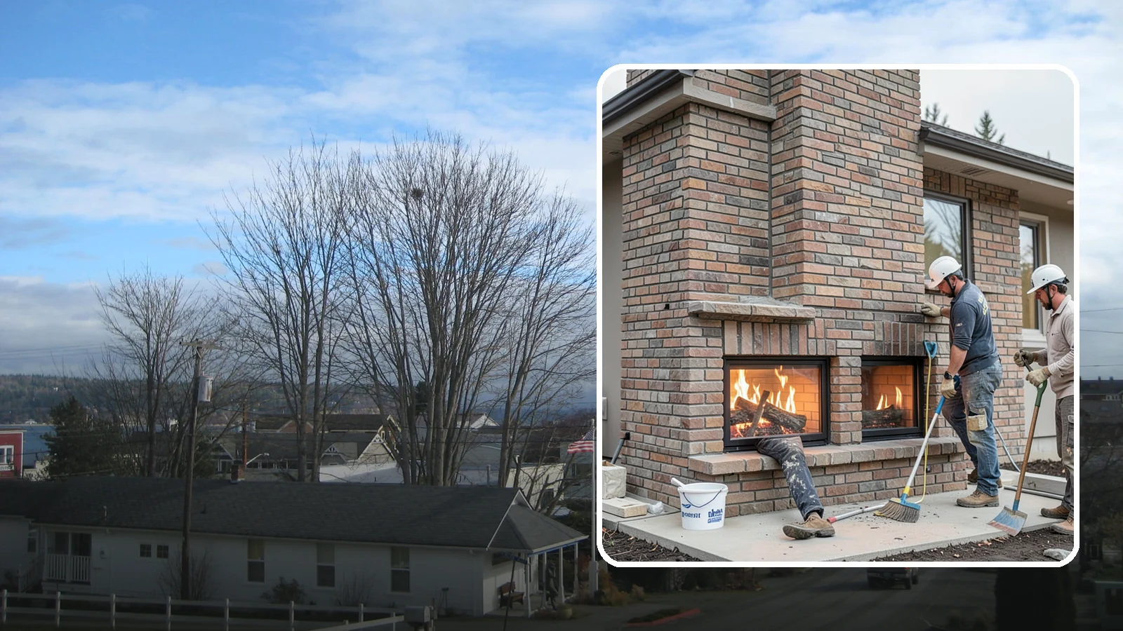 Double-Sided Fireplace Installation in Langley, Island County, WA - See-through fireplaces that share warmth and a glowing flame between two rooms.