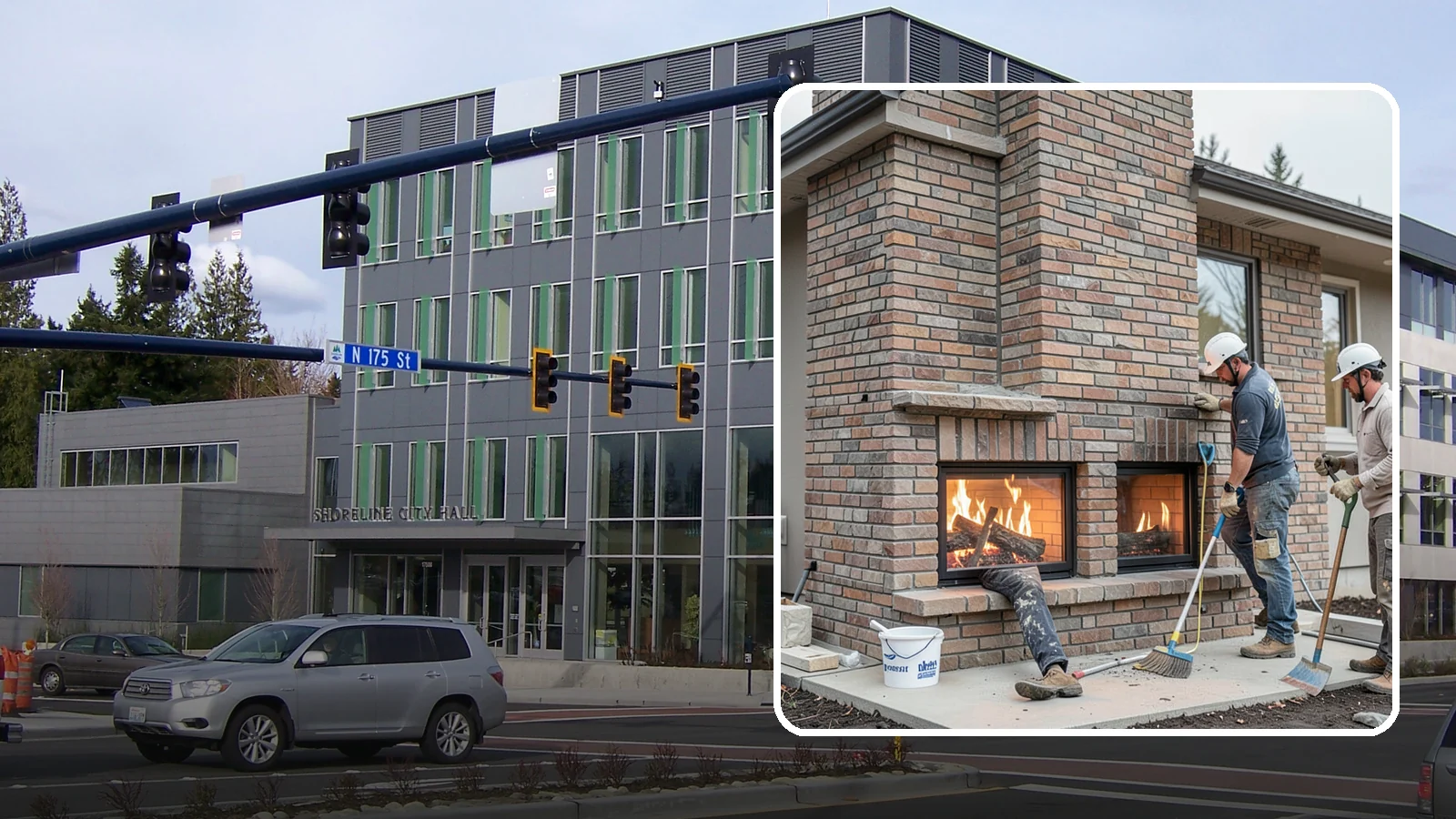 Double-Sided Fireplace Installation in Shoreline, King County, WA - See-through fireplaces that share warmth and a glowing flame between two rooms.