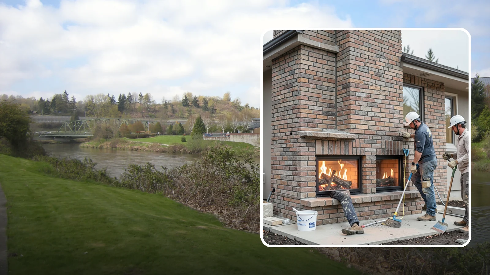 Double-Sided Fireplace Installation in Tukwila, King County, WA - See-through fireplaces that share warmth and a glowing flame between two rooms.